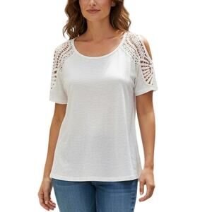 Yessica Blouse Size Small White, Cold Shoulder with Lace Aplique